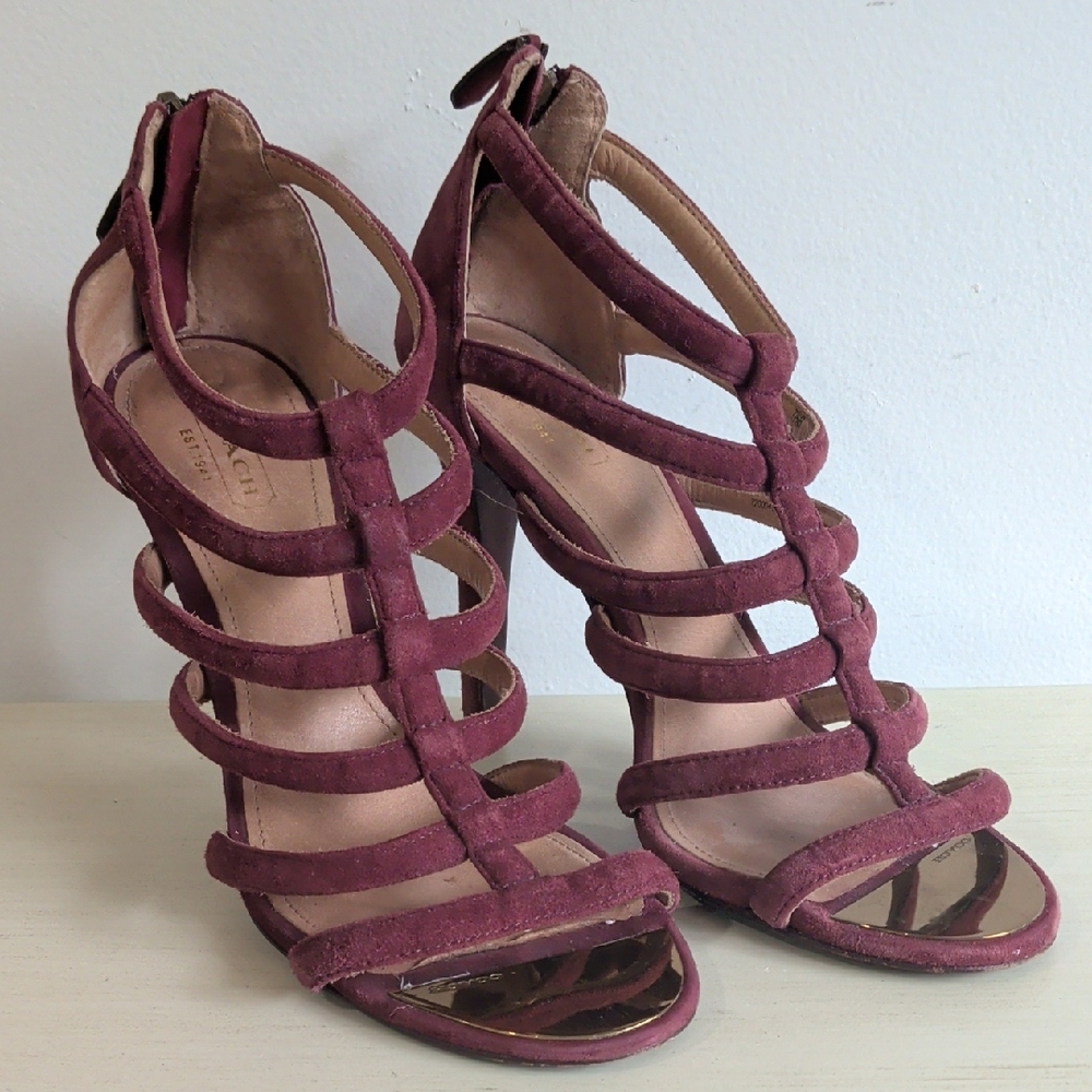 Coach Burgundy Suede Stiletto Strappy Sandals Size 7.5